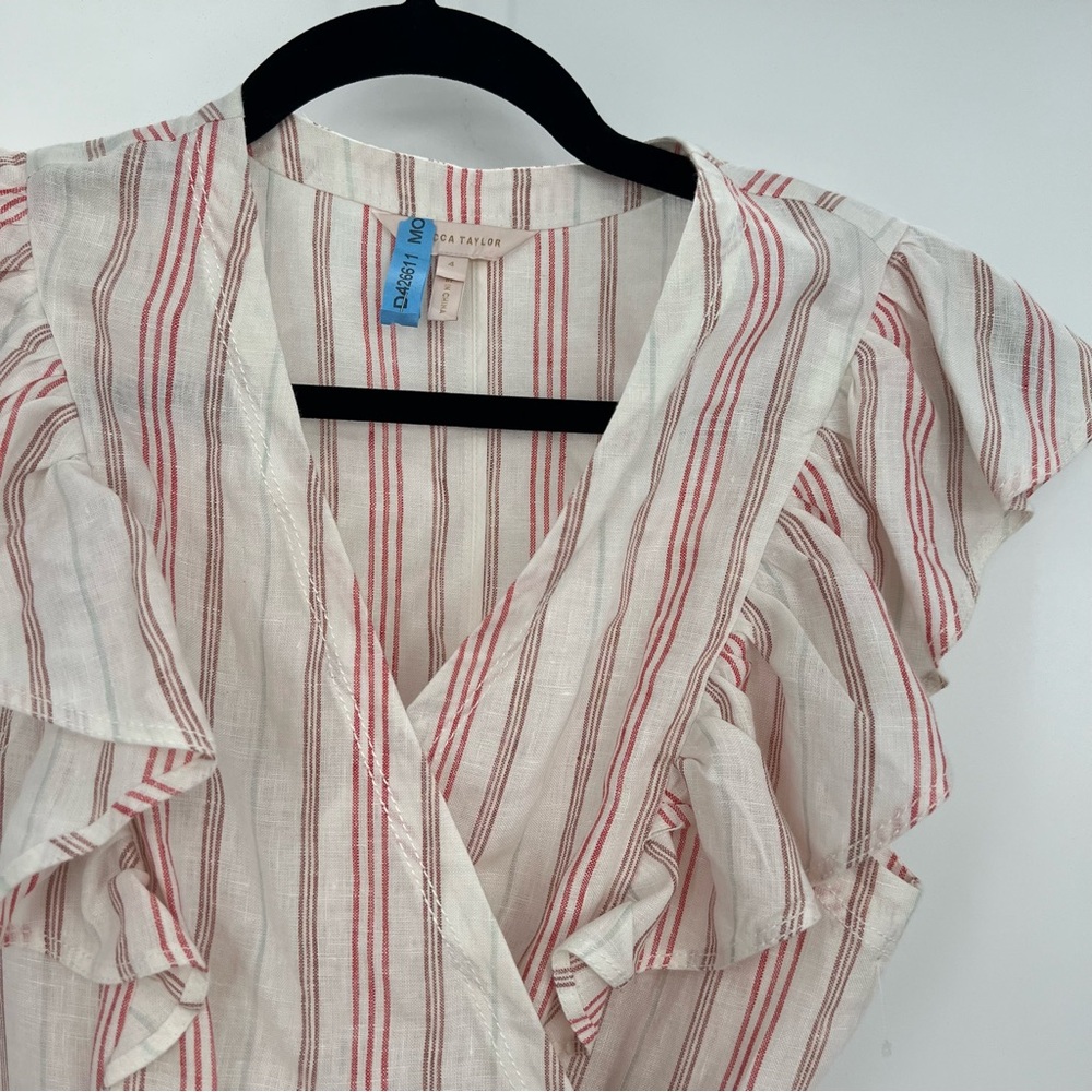 Rebecca Taylor Linen Yarn Striped Ruffle Wrap Mini Dress Sleeveless Size 4 - Picture 5 of 10